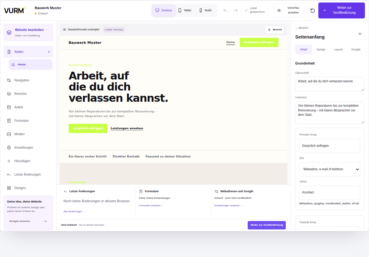 Visuelle Bearbeitung einer Unternehmenswebsite in VURM